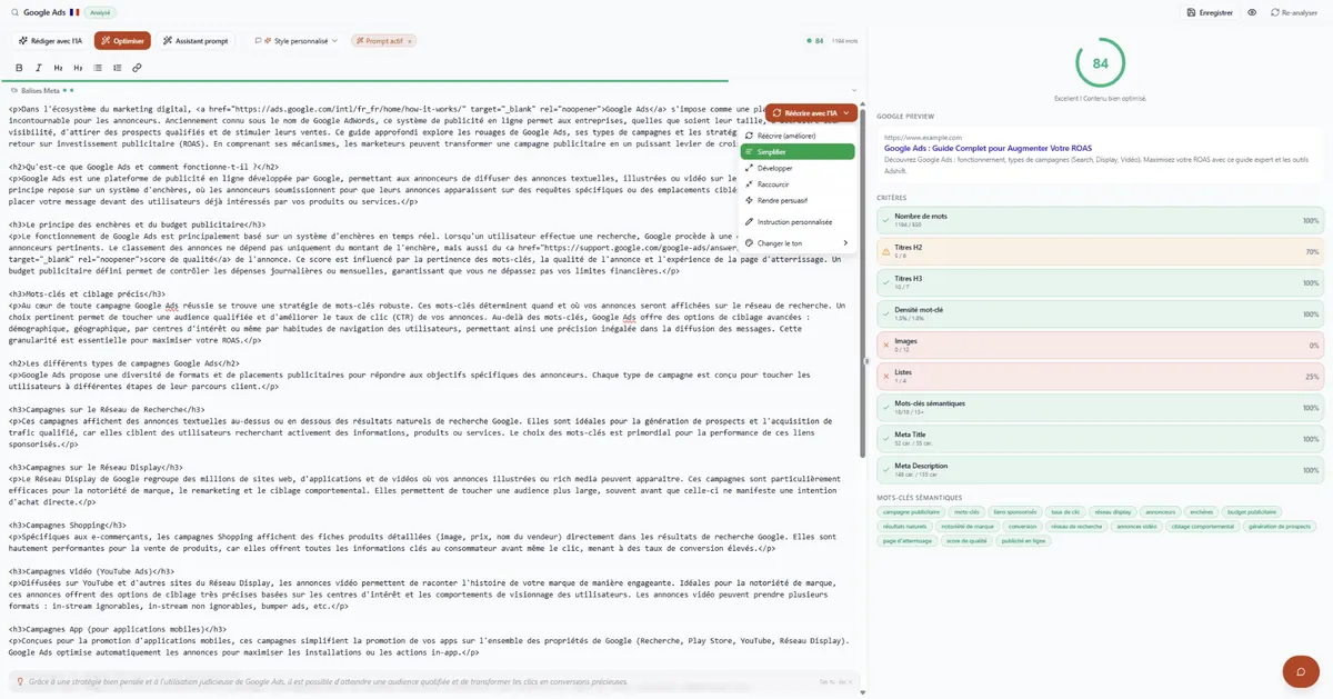 Éditeur d'article SEO assisté par IA avec l'aperçu Google et la checklist de score sur le nombre de mots, les titres, la densité de mots-clés et les balises meta