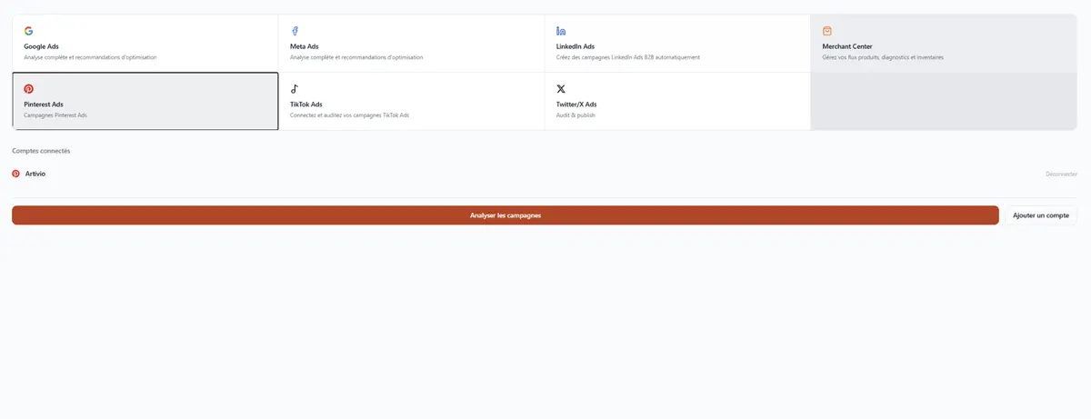 Grille des régies publicitaires disponibles (Google Ads, Meta Ads, LinkedIn Ads, Merchant Center, Pinterest Ads, TikTok Ads, Twitter/X Ads) avec les comptes déjà connectés