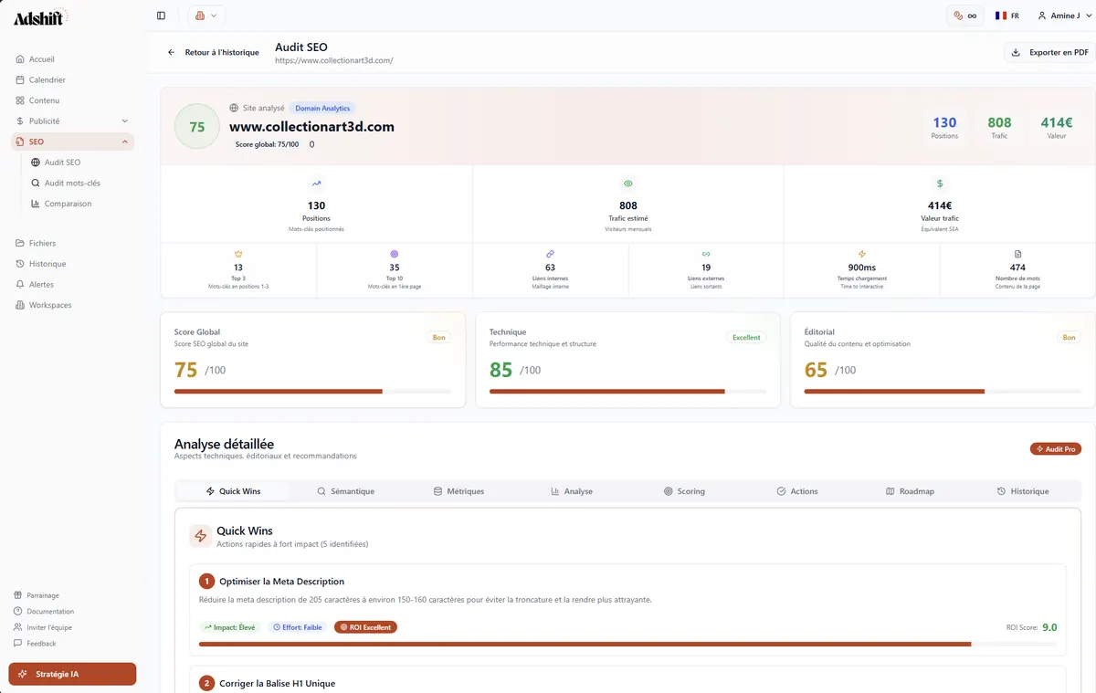 Page d'audit SEO d'un site avec le score global, les scores technique et éditorial, et la liste des correctifs prioritaires (quick wins)